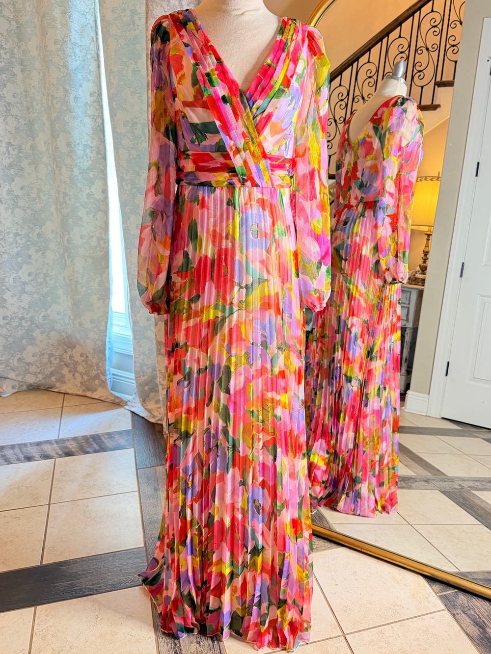 Betsy & Adam Pink Multi Floral Pleated Maxi Dress